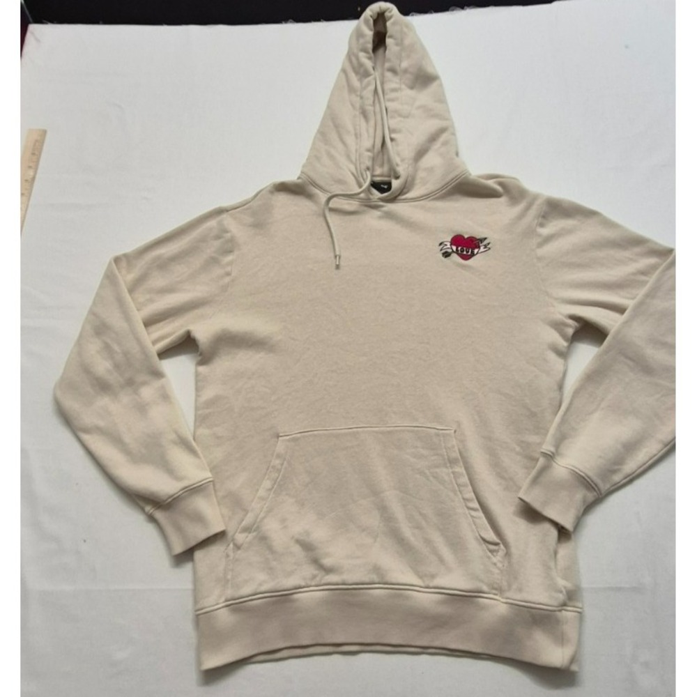 H&M men's cream pullover front pocket "Love"‎ hoodie winged heart logo sz. Sm